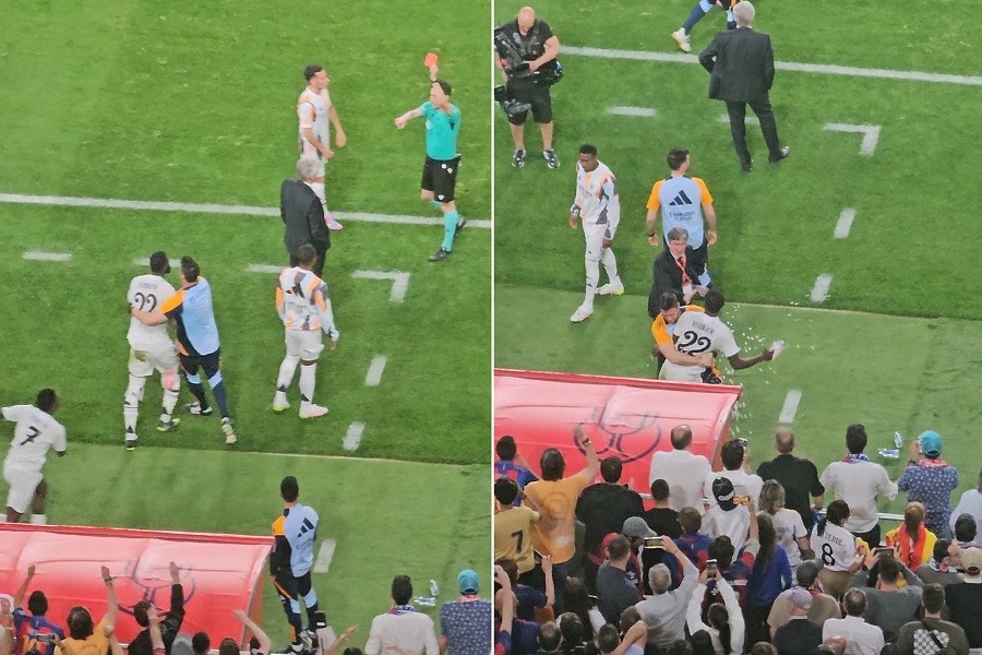 Đồng đội Real Madrid cố gắng kiềm chế Antonio Rudiger đang tức giận lao về phía trọng tài